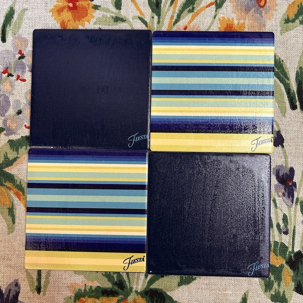 Fiesta Ware Cool Stripe Drink Coasters Trivet Thirstystone Stoneware Blue Yellow